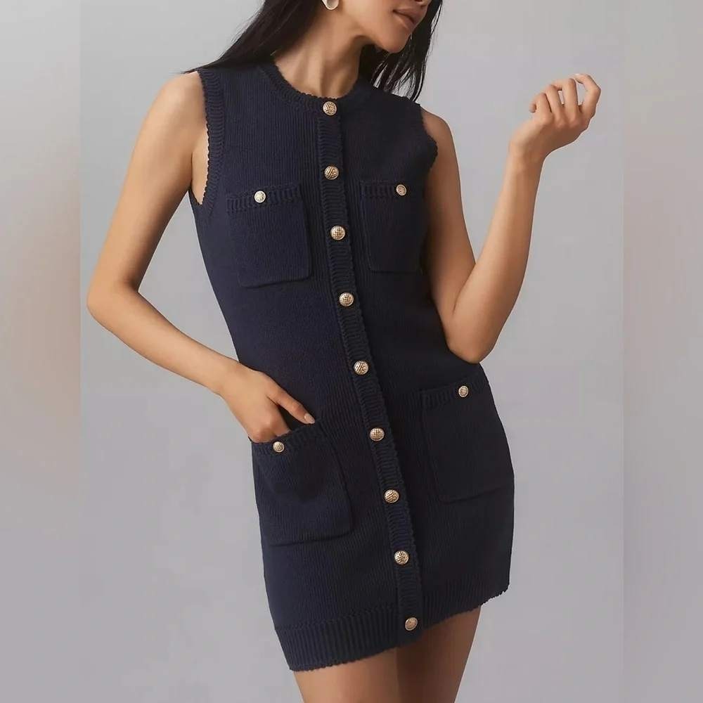 NWT Caroline Constas Mini Dress M Navy Knit‎ Gold Button A-Line Coastal Sailor